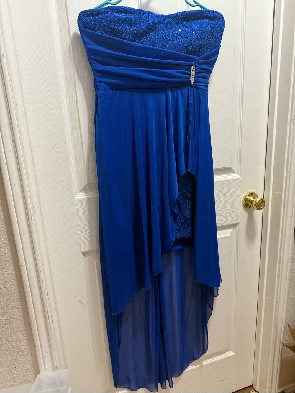 Teeze Me Strapless Royal Blue High-Low Lace & Chiffon Dress